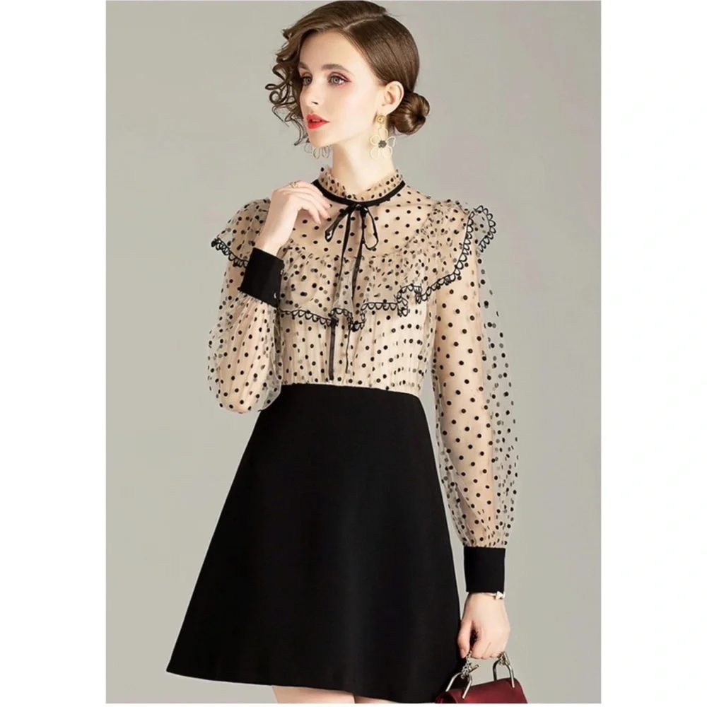 One Piece Lady Polka Dot Bow Ruffled Long Sleeve Mesh Dress - Picture 1 of 5